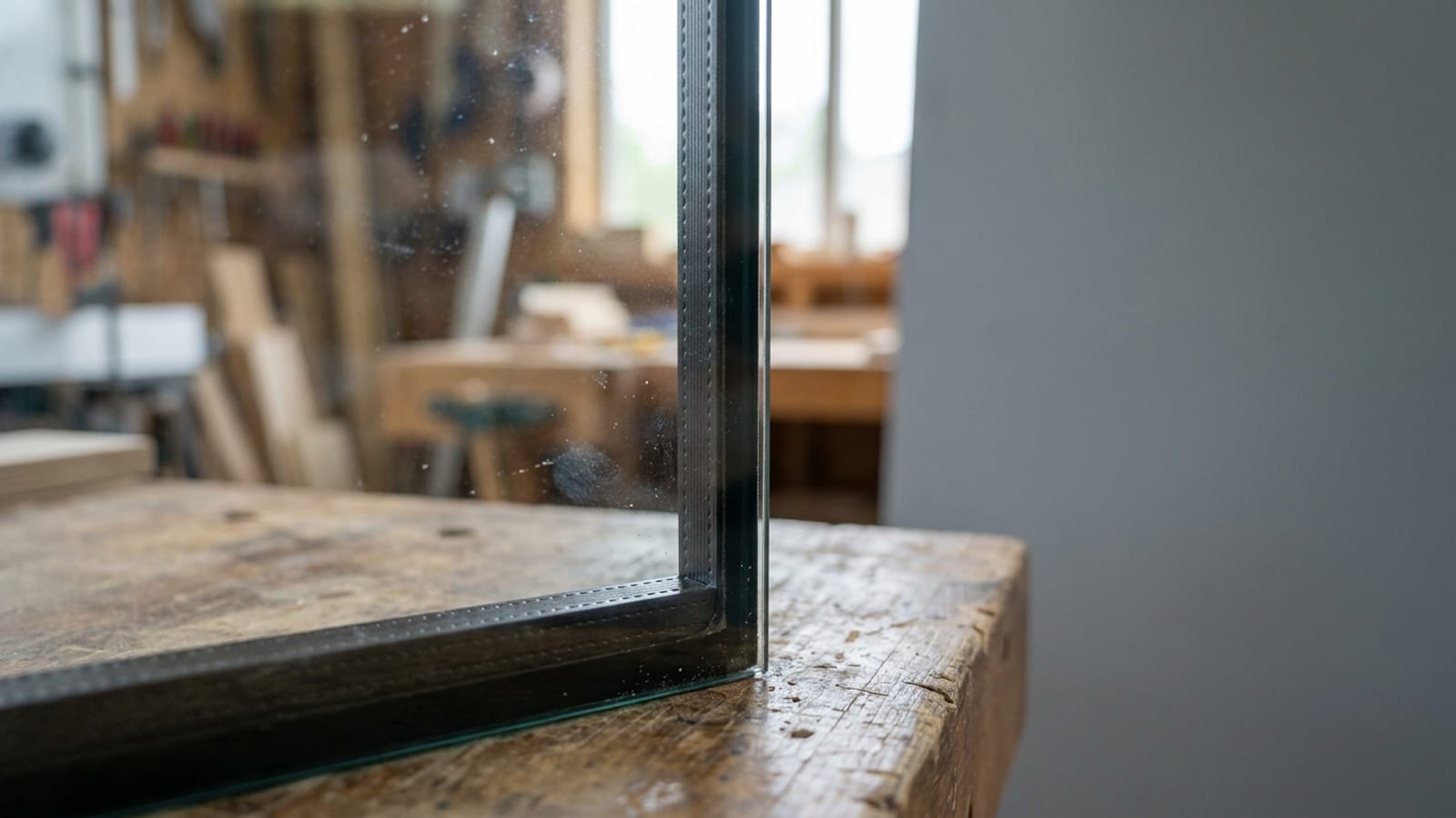 Close-up of the edge of an insulated glass unit showing the dark warm-edge spacer bar between two panes
