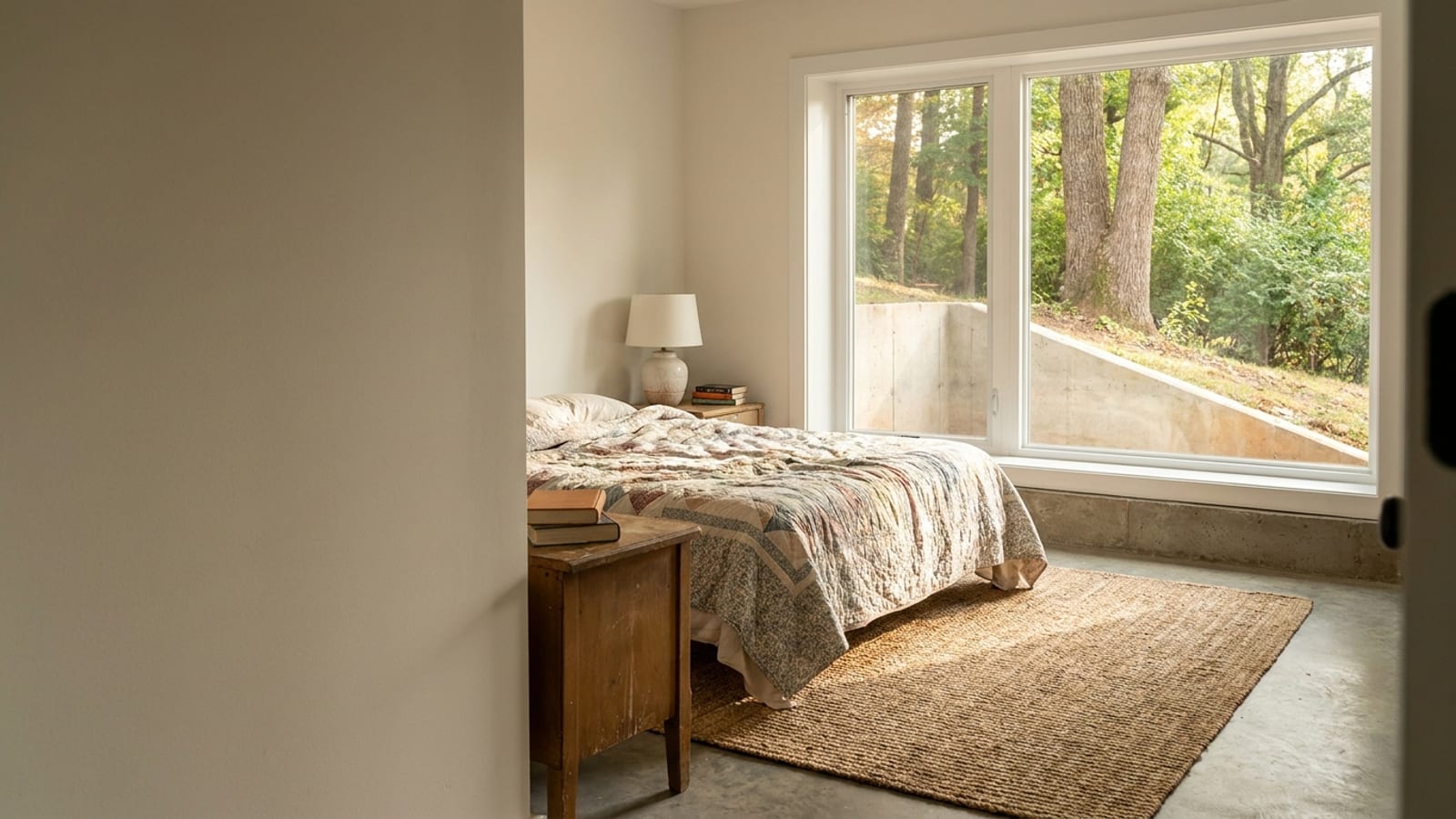 Basement bedroom with a large white-framed egress window above a window well letting daylight onto a bed and rug