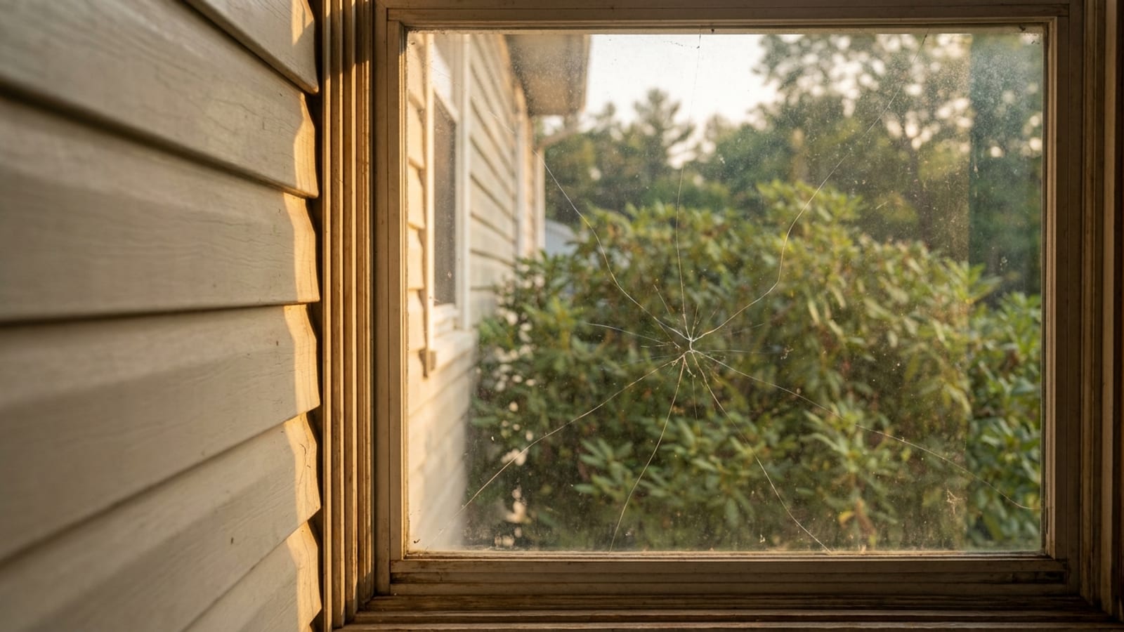 Close-up of a cracked outer pane on a white double-hung vinyl window