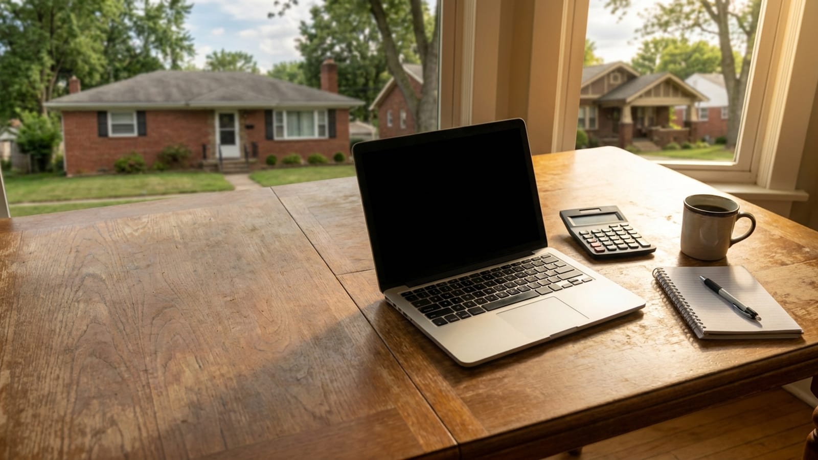 Laptop, calculator, coffee mug and a notepad with a pen on a wooden kitchen table in afternoon light