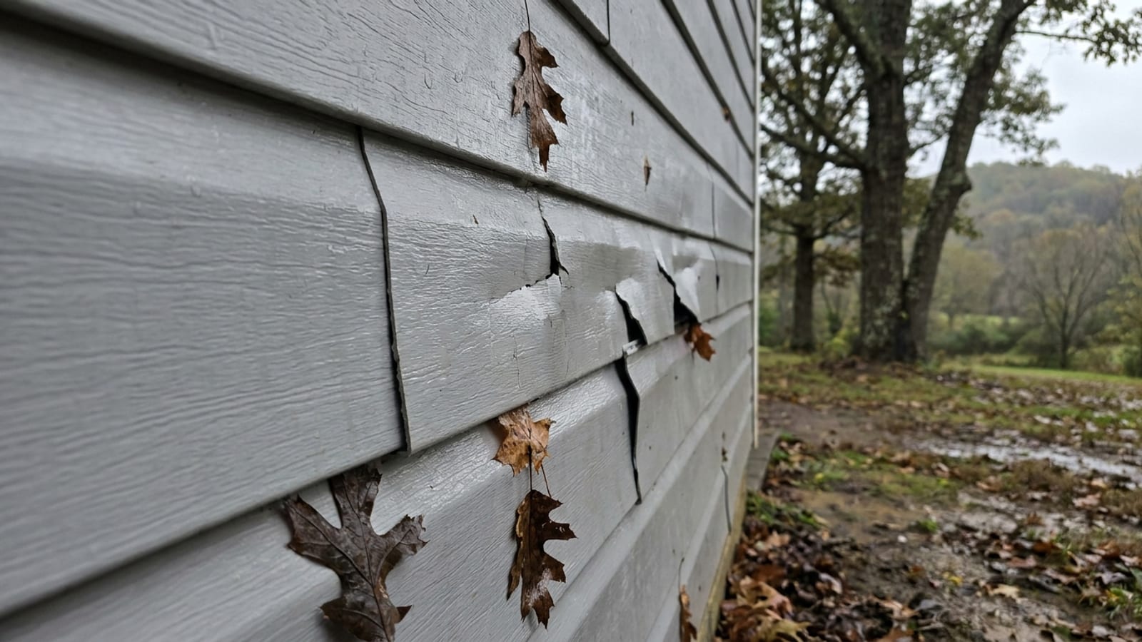 Cracked and dented vinyl siding panels on a wet home exterior after a storm
