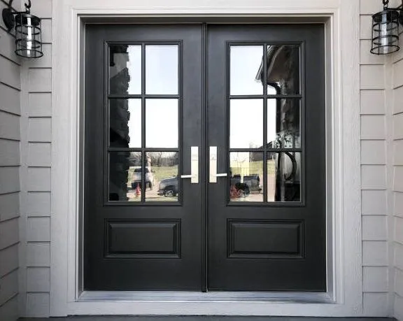 Custom black double entry door with divided-light glass and sidelight panels, installed by Patriots' Pride