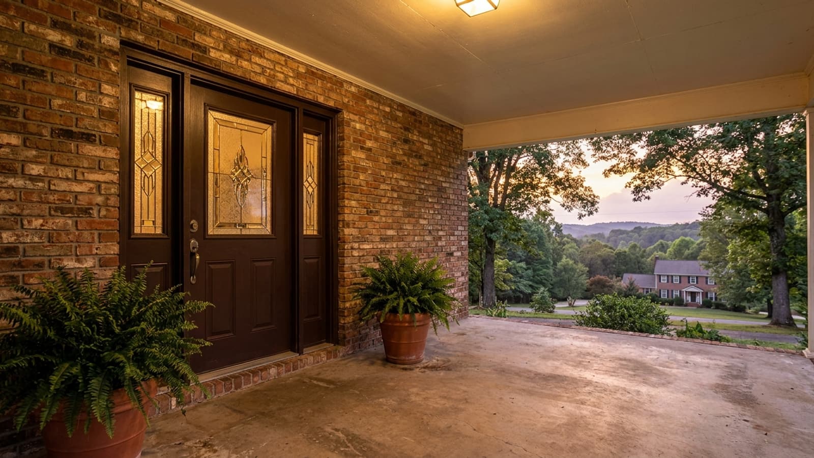 Wide dark-painted double entry door with glass inserts on a brick covered front porch in warm evening light