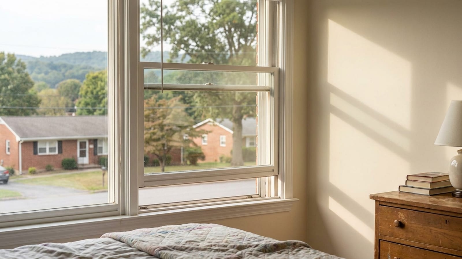 White double-hung window sash slid partway down in a sunlit bedroom