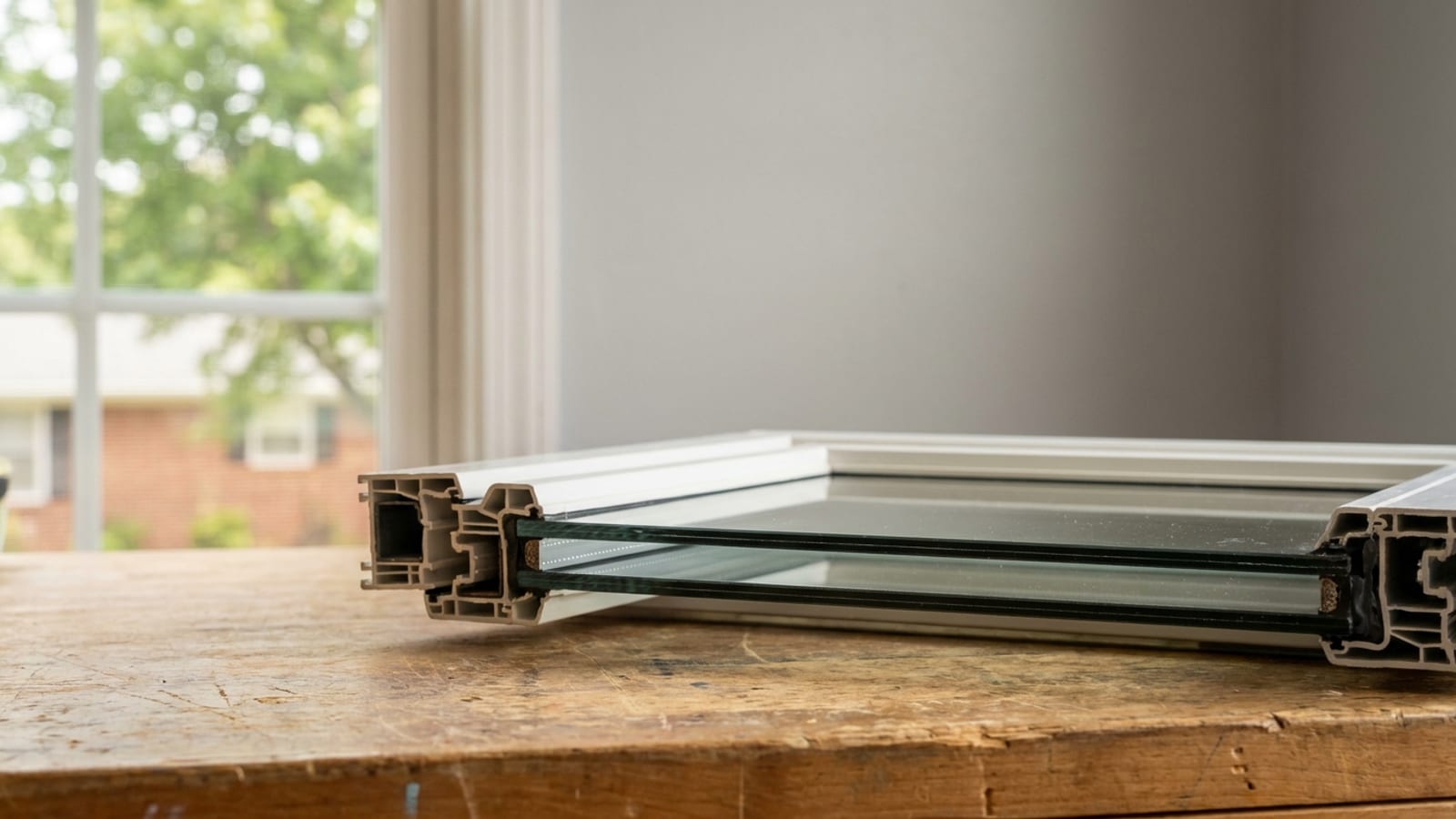 Cutaway replacement window sash on a workbench showing the insulating glass edge and spacer