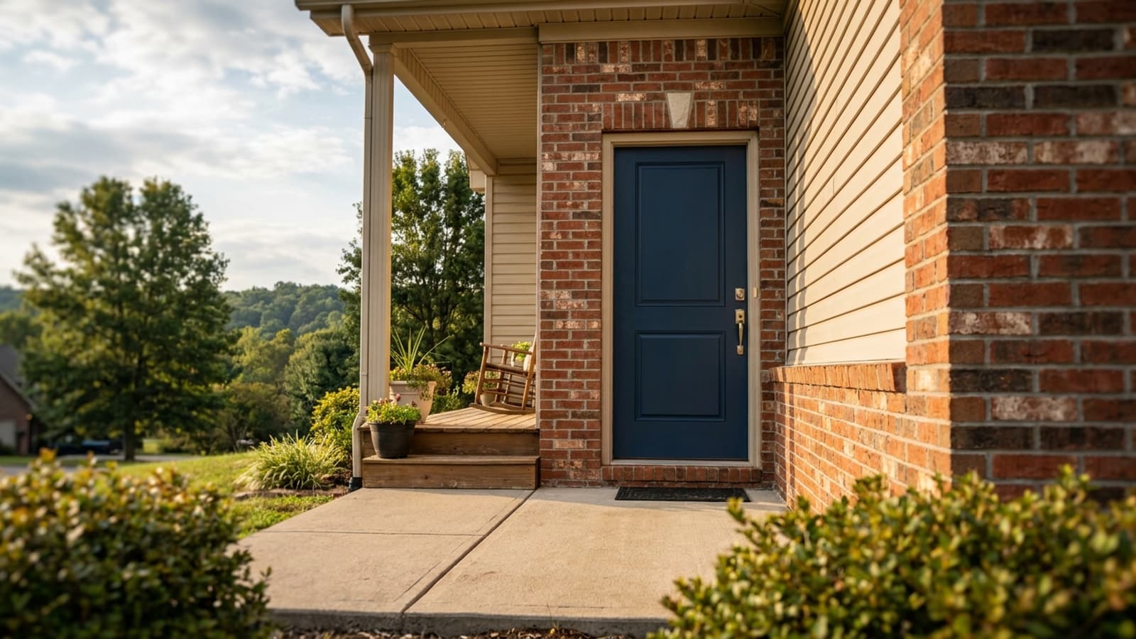Newly installed painted fiberglass front entry door on a suburban Southeastern home with brick and siding surround