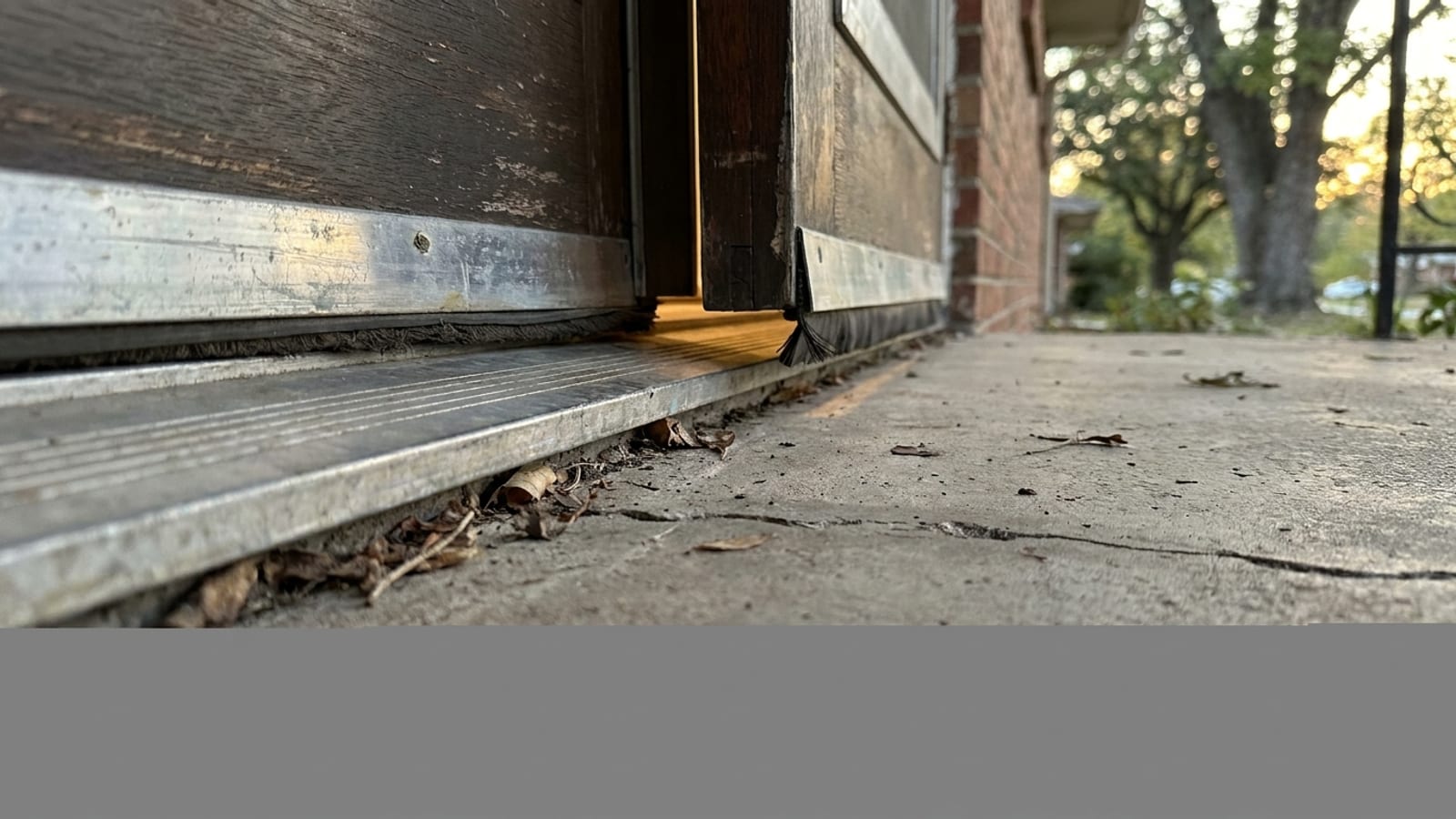 Close-up of a worn aluminum and wood entry door threshold with visible weatherstripping and a daylight gap at one corner above a concrete porch slab