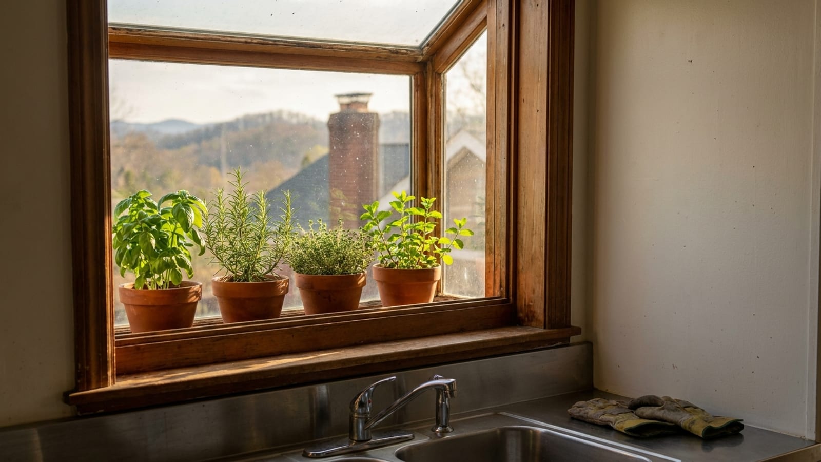 Kitchen garden window filled with potted herbs above a stainless steel sink