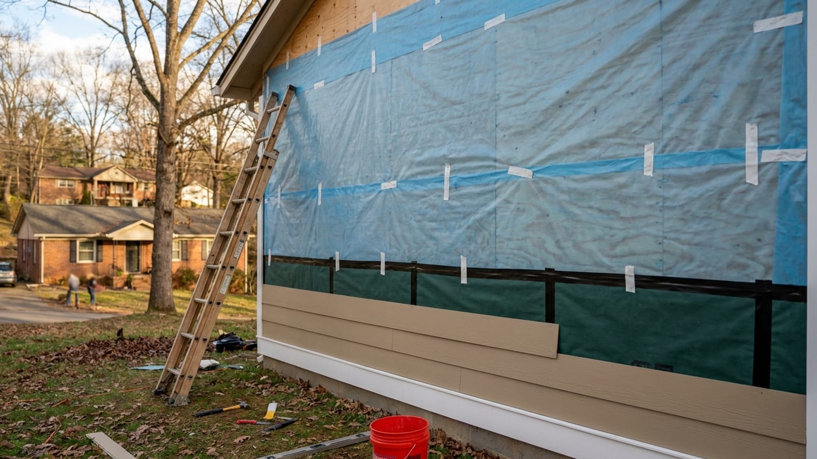 Taped house wrap over wall sheathing with the first courses of new siding started along the bottom of the wall