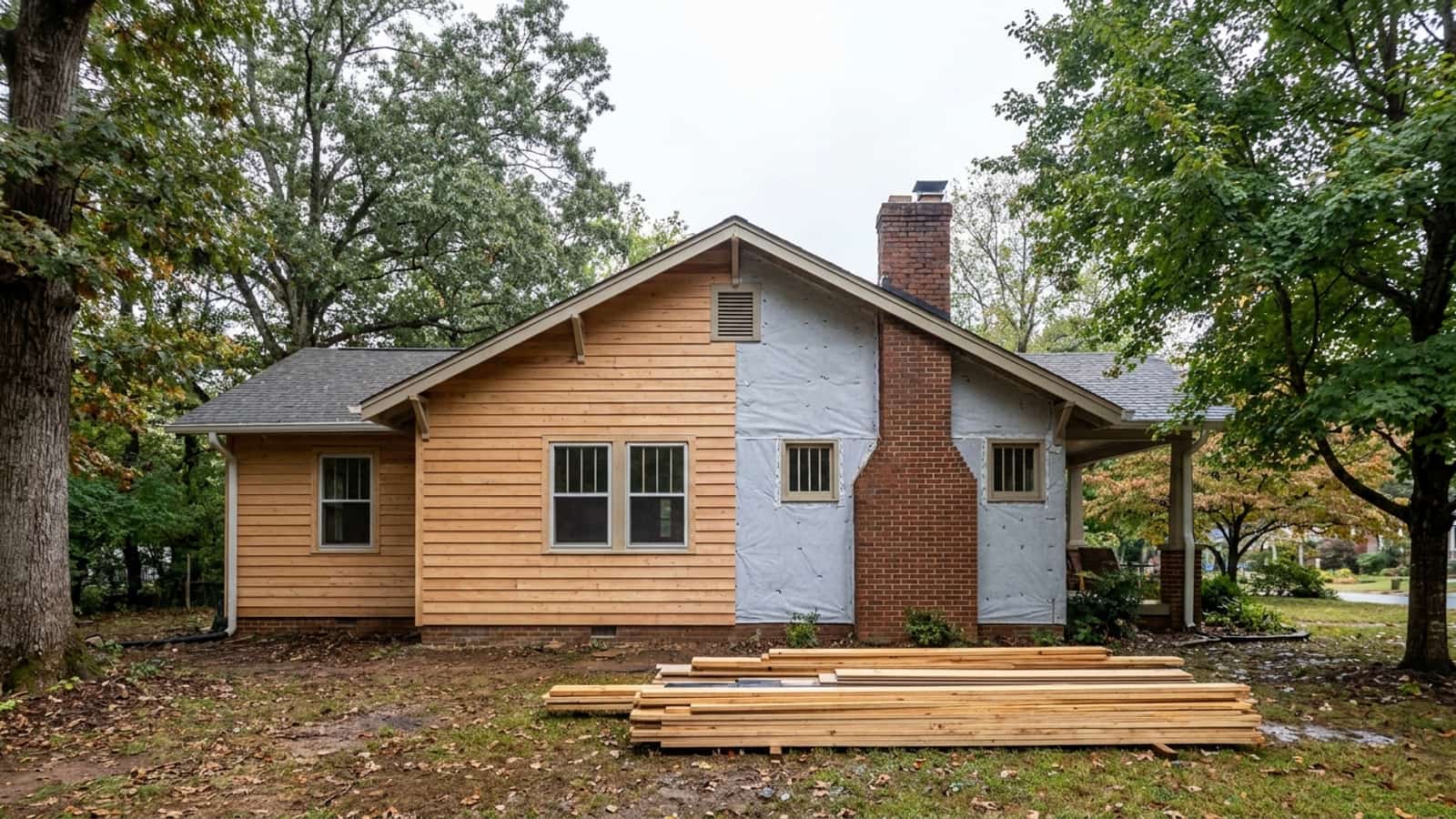 House exterior mid-project with half the wall re-clad in new lap siding and the other half showing house wrap