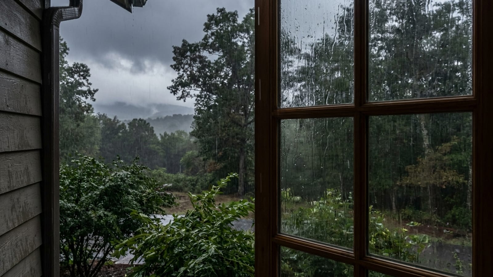 Rain streaming down a large closed window on a suburban home during a storm with wind-bent shrubs below