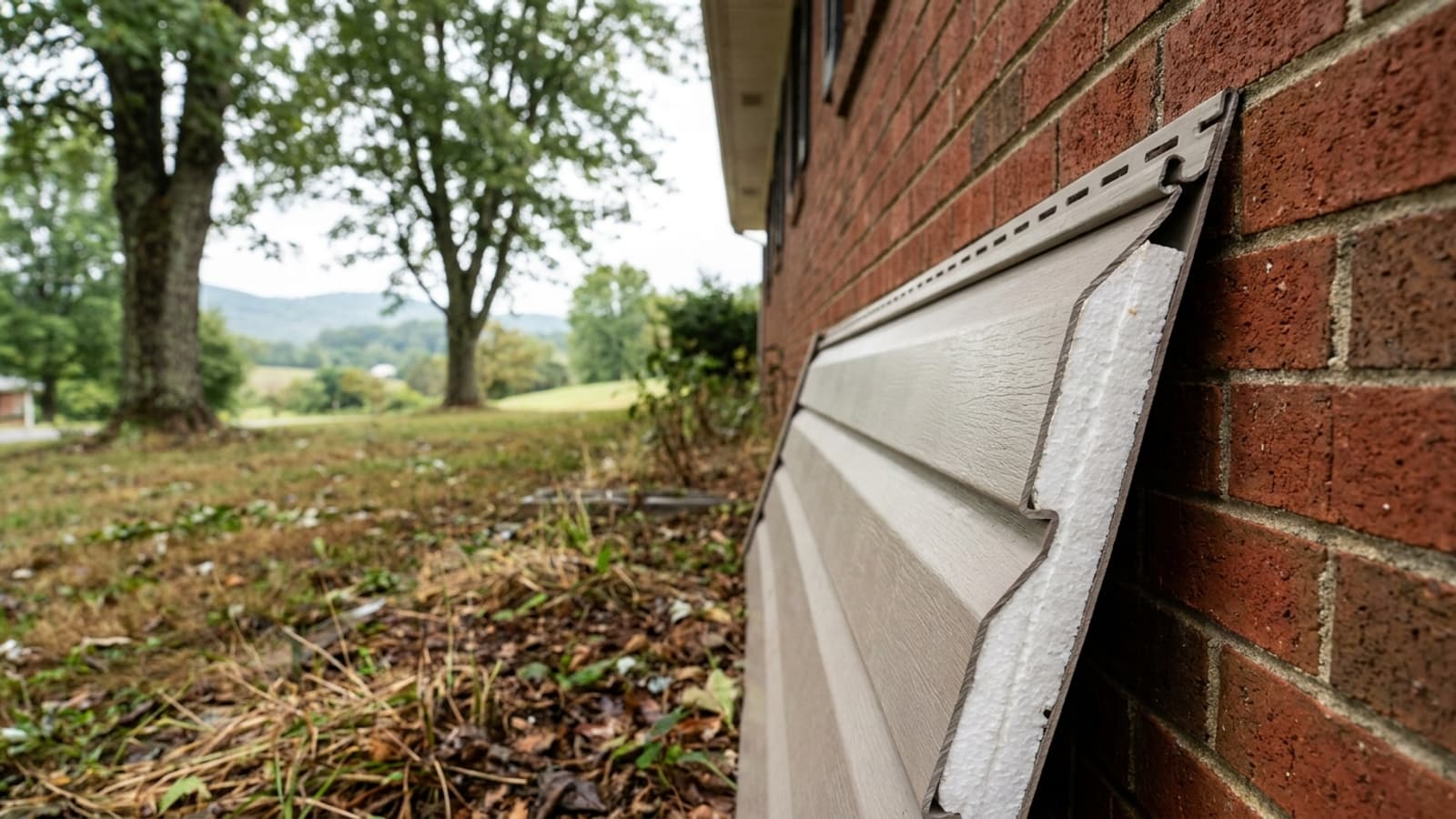Cut section of insulated vinyl siding panel leaning against a house wall, showing the rigid foam backing bonded to the panel profile