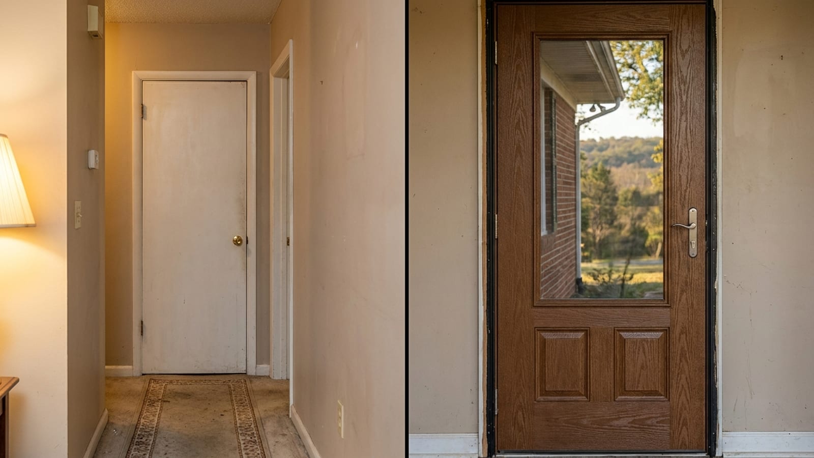 A white hollow-core interior door in a hallway beside a heavy insulated fiberglass entry door with weatherstripping