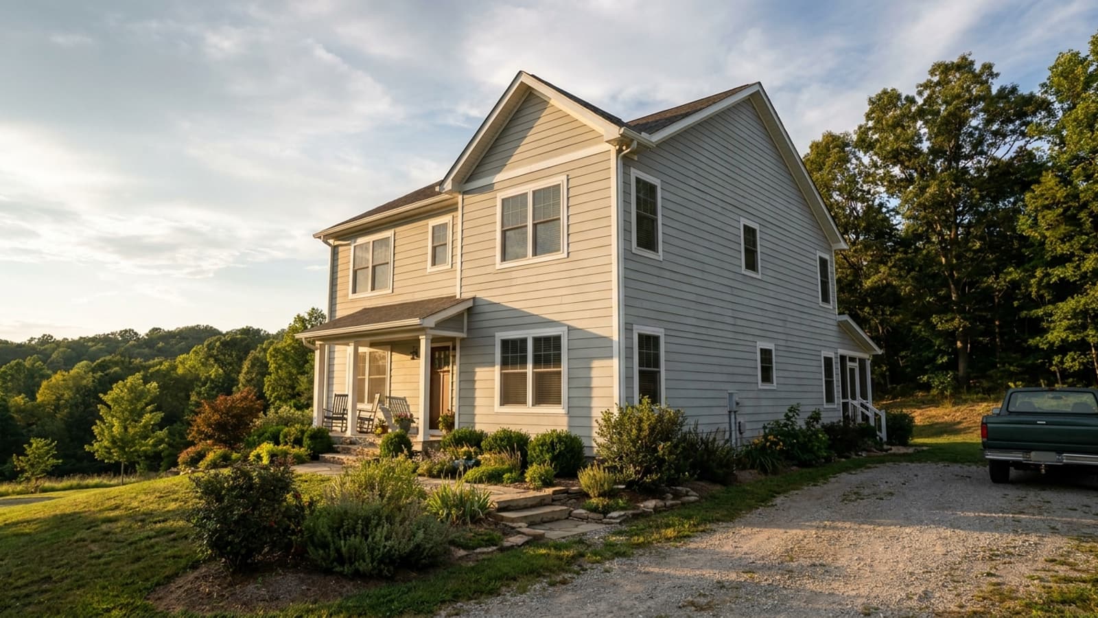 Two-story home clad in fiber cement lap siding with clean white trim in late afternoon light