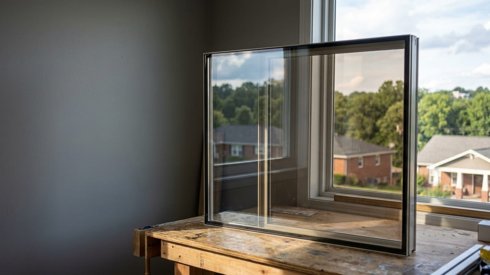 Double-pane window unit on a workbench showing the faint tint difference between coated and uncoated glass