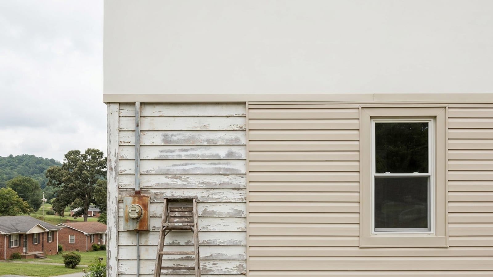 One house wall showing faded chalky painted siding beside a section of freshly finished new siding