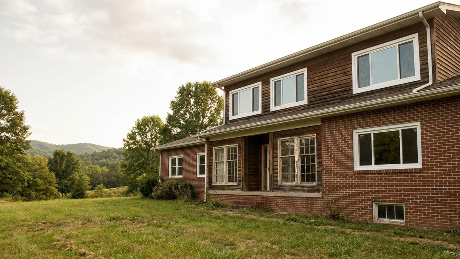 Two-story home exterior with several bright new white windows next to older weathered units