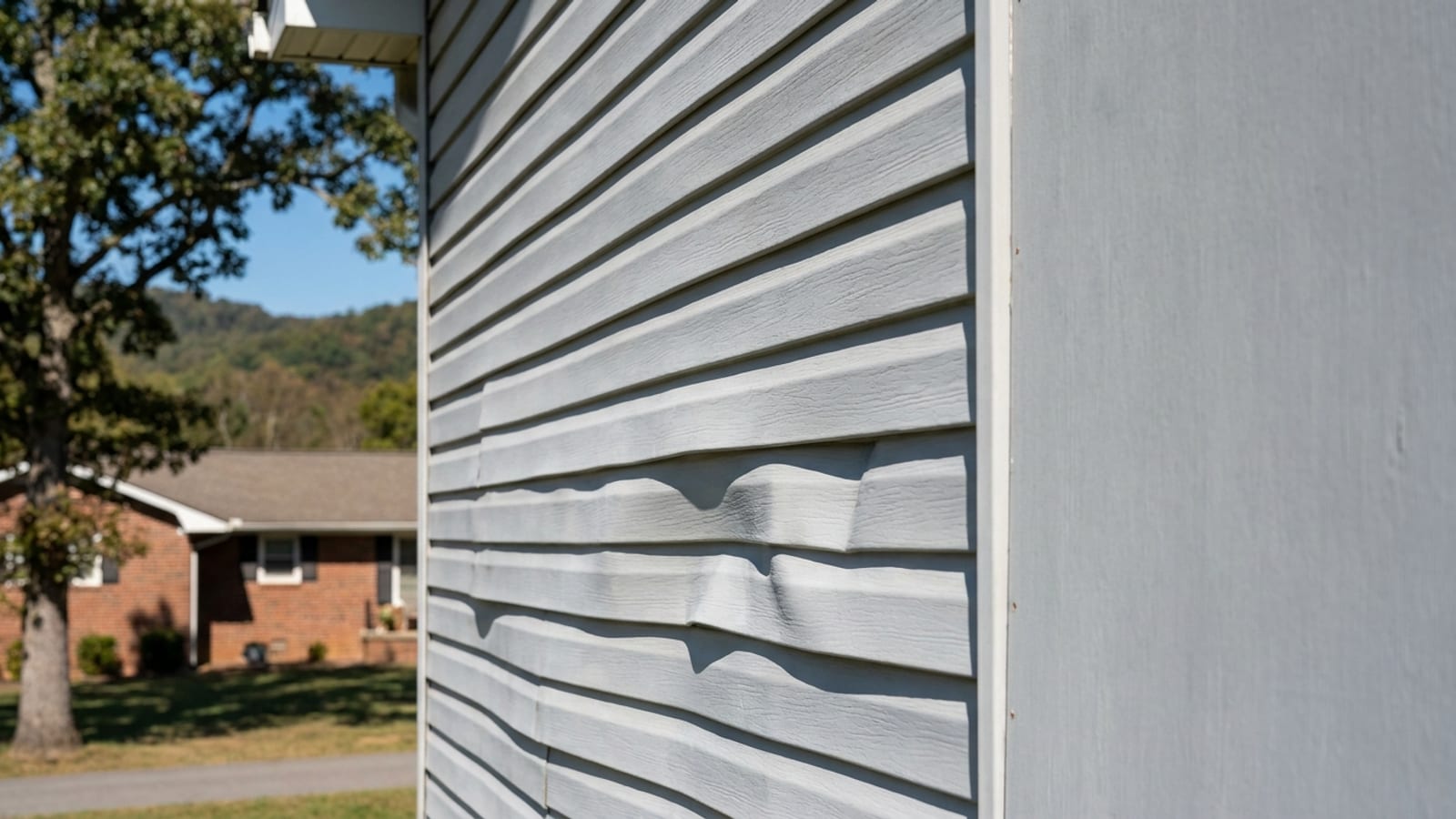 Light gray vinyl siding on a house wall showing visible waves and buckled courses in bright midday sunlight