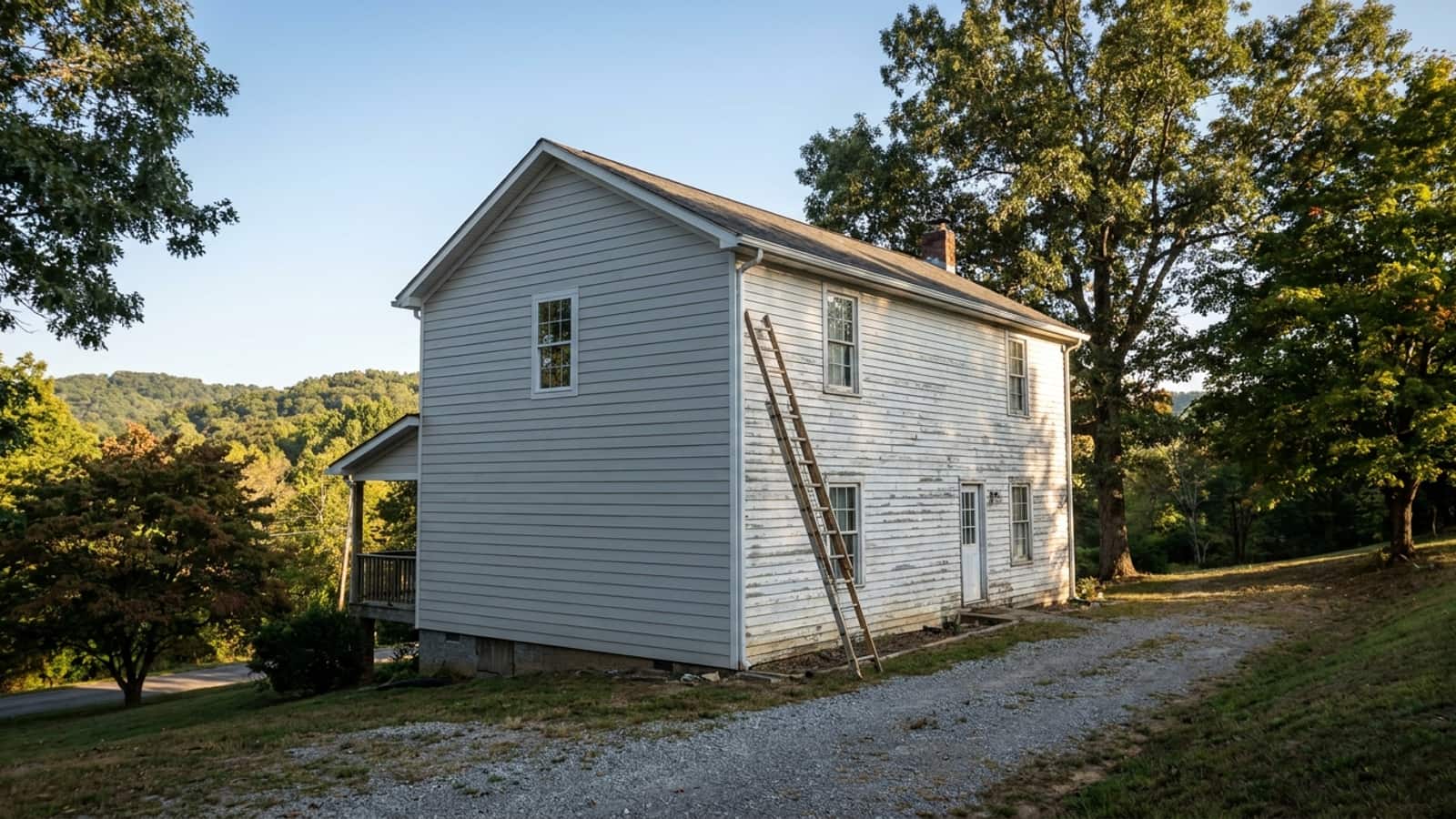 Two-story home with new fiber cement siding on one section and older weathered siding on the rest, ladder leaning against the wall