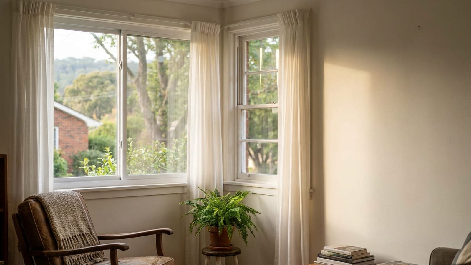 Bright living room wall with a horizontal sliding window beside a taller double-hung window, both with white frames and sheer curtains pulled back