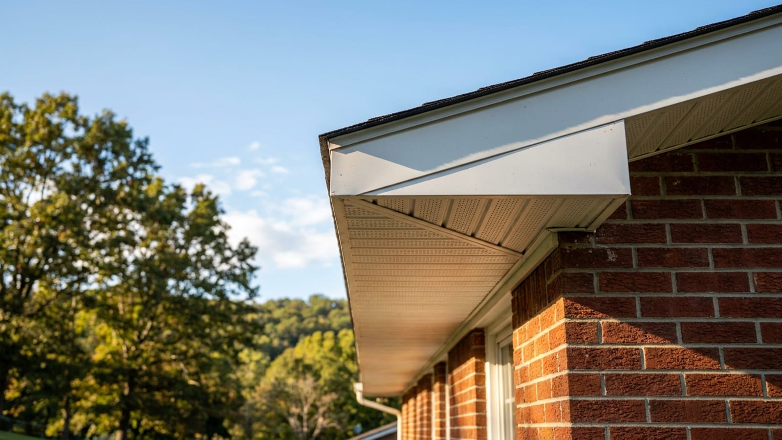 Upward view of a home eave with perforated white vinyl soffit panels and fascia against a blue sky
