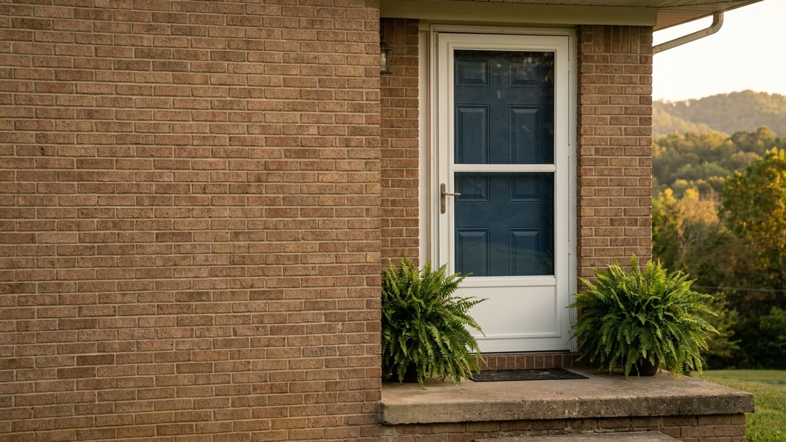 White full-view storm door closed over a dark blue entry door on a brick ranch home with potted ferns on the porch in late-day light