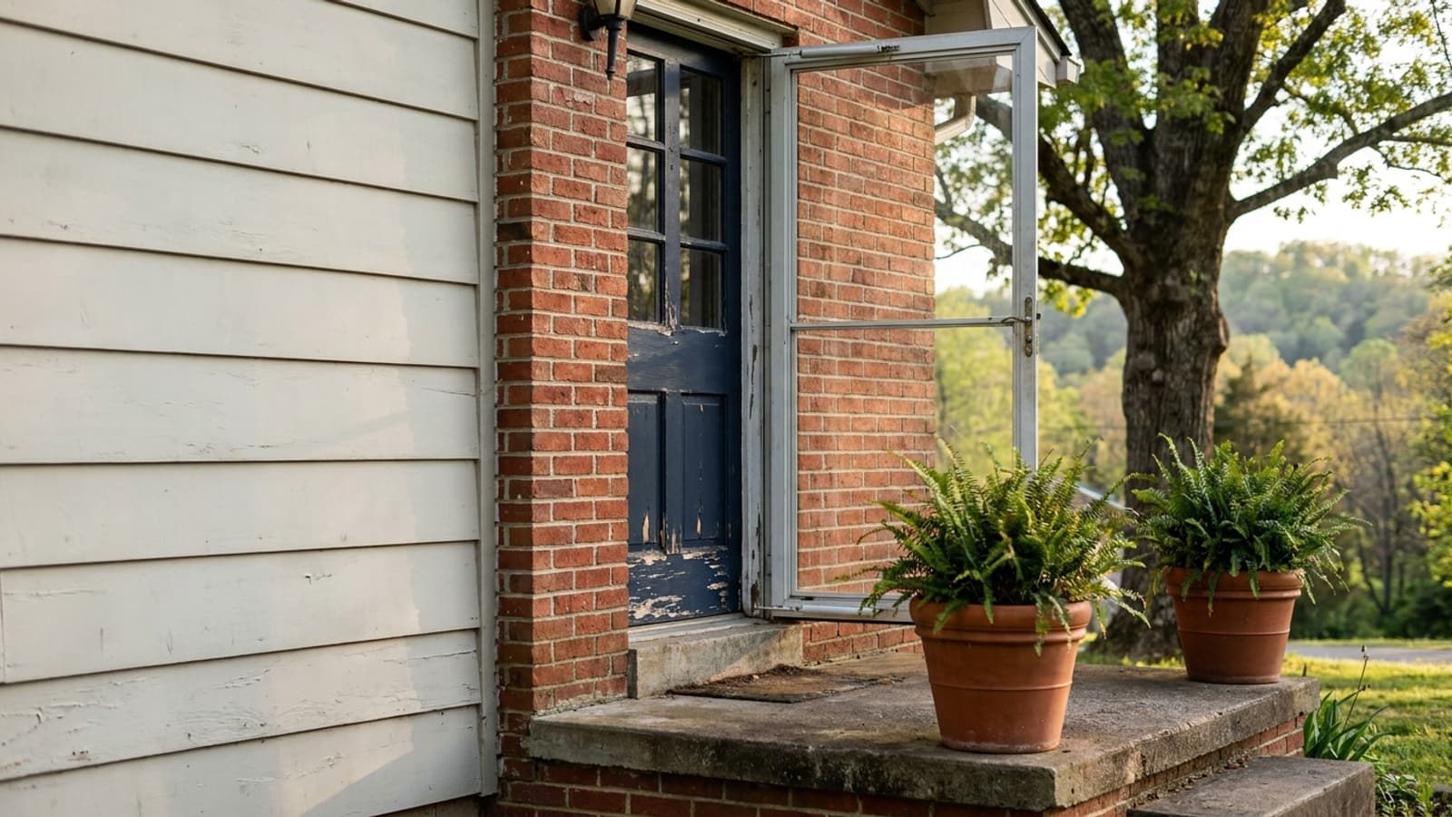 Full-view glass storm door partly open in front of a navy entry door on a brick home stoop