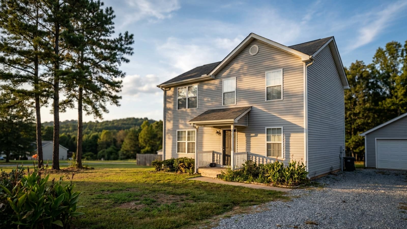 Two-story Georgia home clad in light gray vinyl siding in late afternoon sun