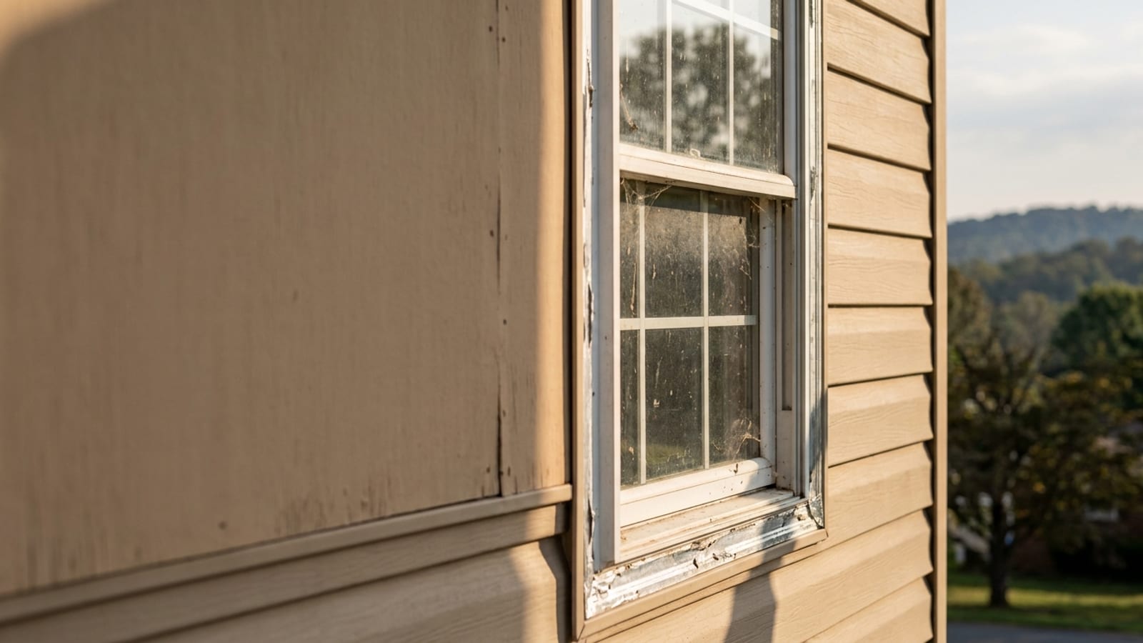 Close-up of a white vinyl double-hung window on tan siding with crisp aluminum-wrapped exterior trim in morning sunlight