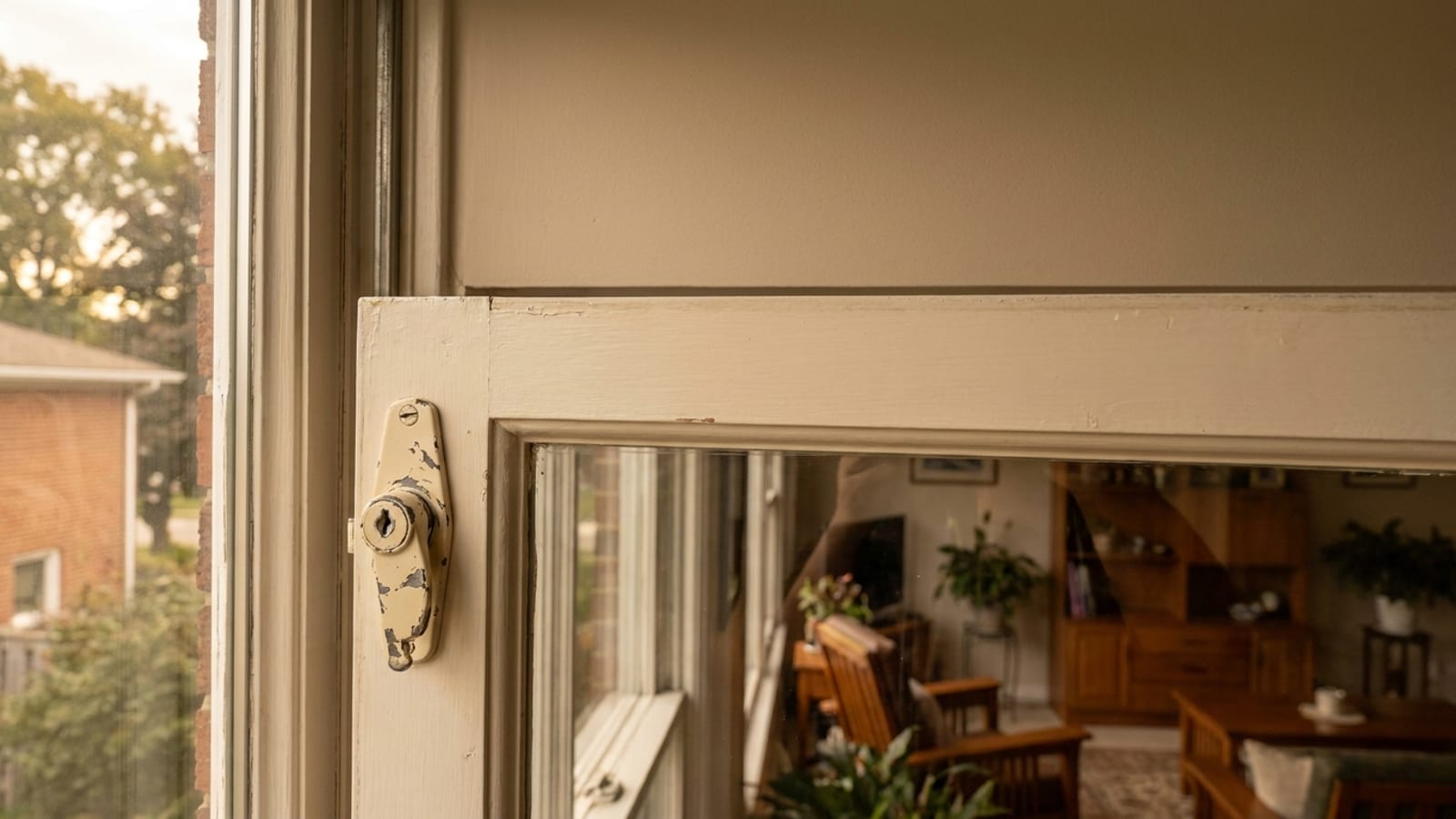 Worn white cam lock on a double-hung window sash sitting slightly out of alignment