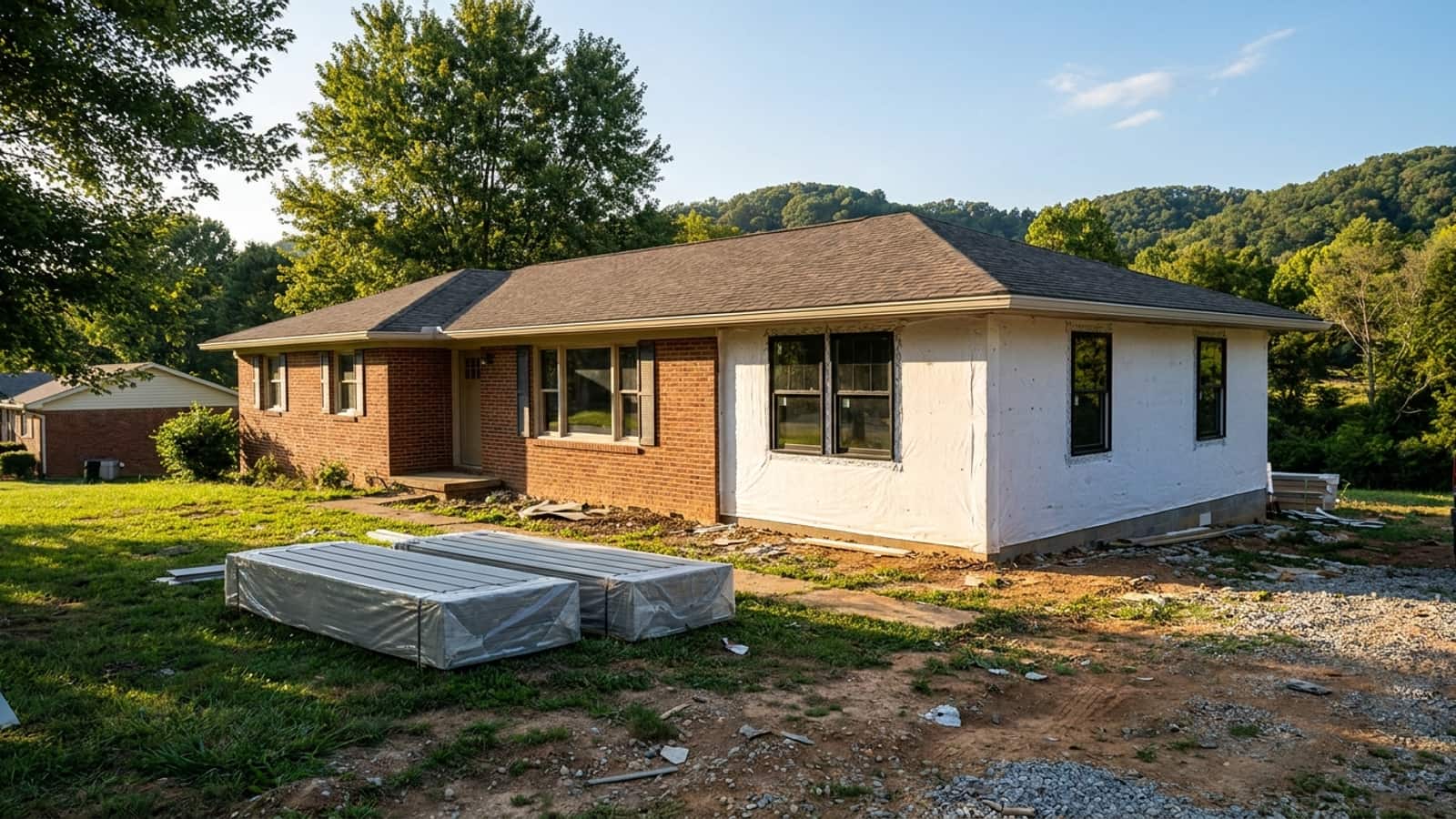 Home exterior mid-renovation with exposed house wrap, new windows set in their openings and stacks of siding panels on the lawn
