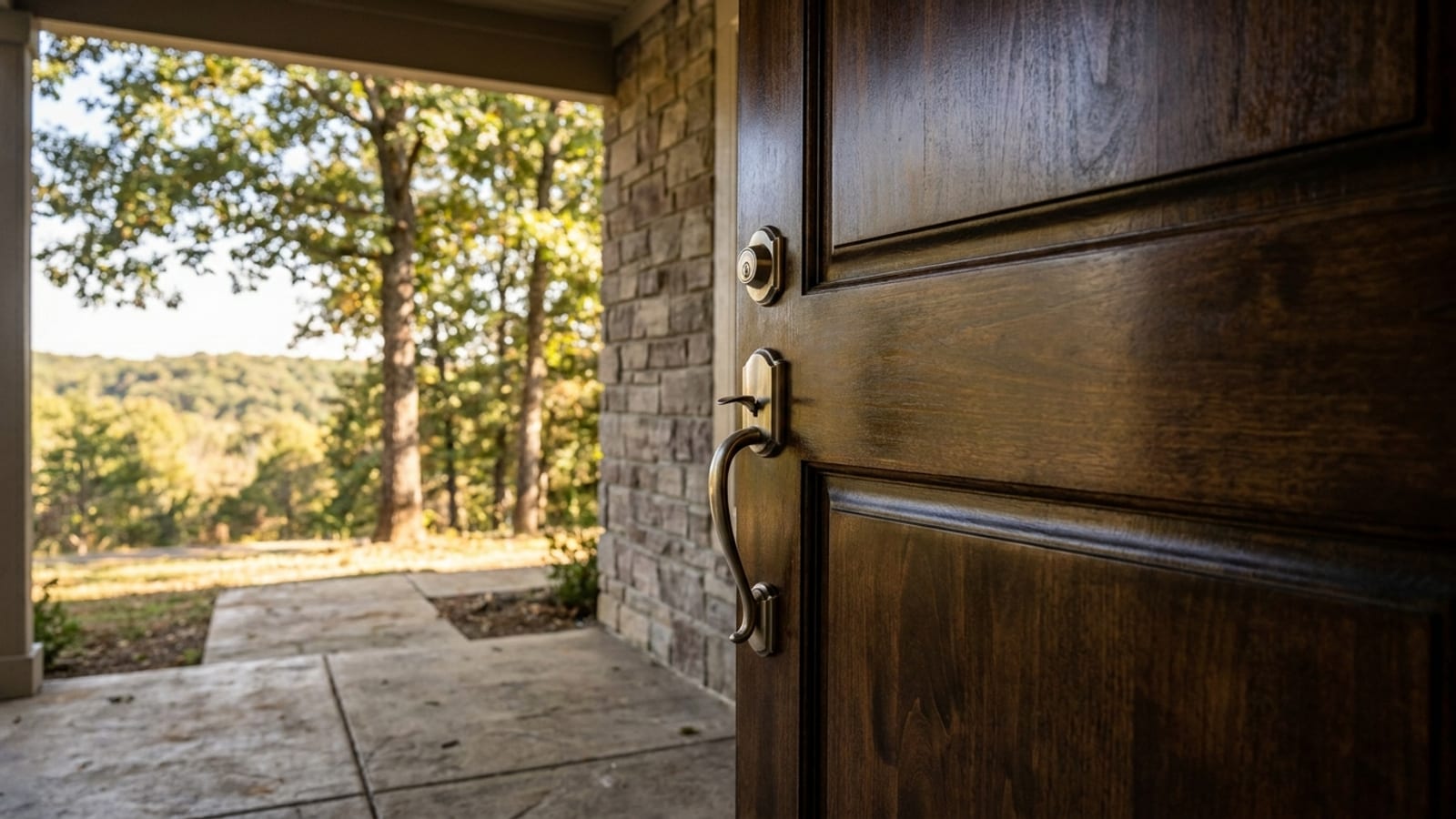Stained solid wood entry door with visible grain and brushed nickel handleset on a shaded covered porch